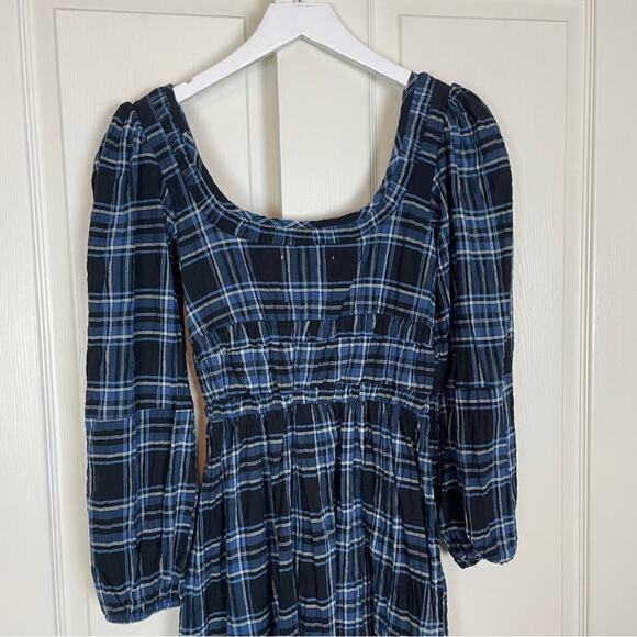 Damson Madder Dakota Blue Plaid Bow Tie Puff Sleeve Midi Dress Sz 6UK / 2 US - Picture 7 of 11